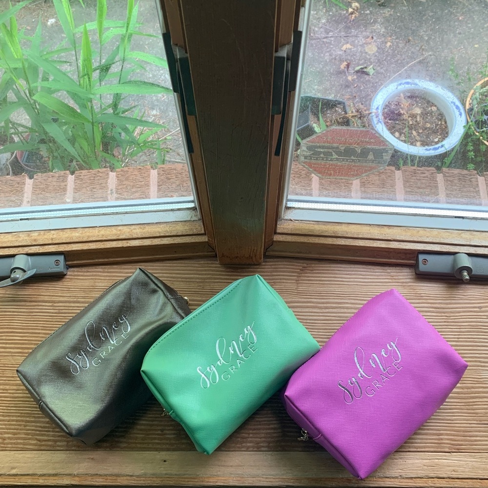 New Set of 3 Sydney Grace Makeup Bags Taupe Green Violet Purple